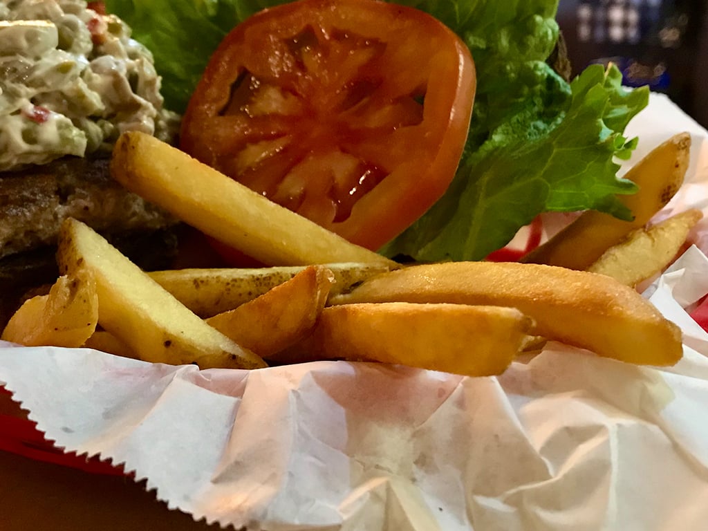 Olive burger and fries